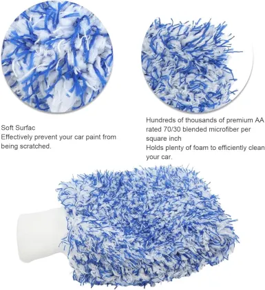 Guante con esponja para lavado de auto microfibra suave Premium azul y blanco sellado al vacío